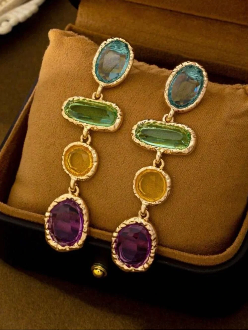 Gold Drop Earrings with Green, Yellow and Purple Stones
